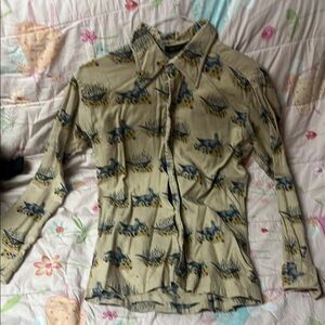 VINTAGE Men's Casual Button Down Shirt - Beige with Blue Pattern